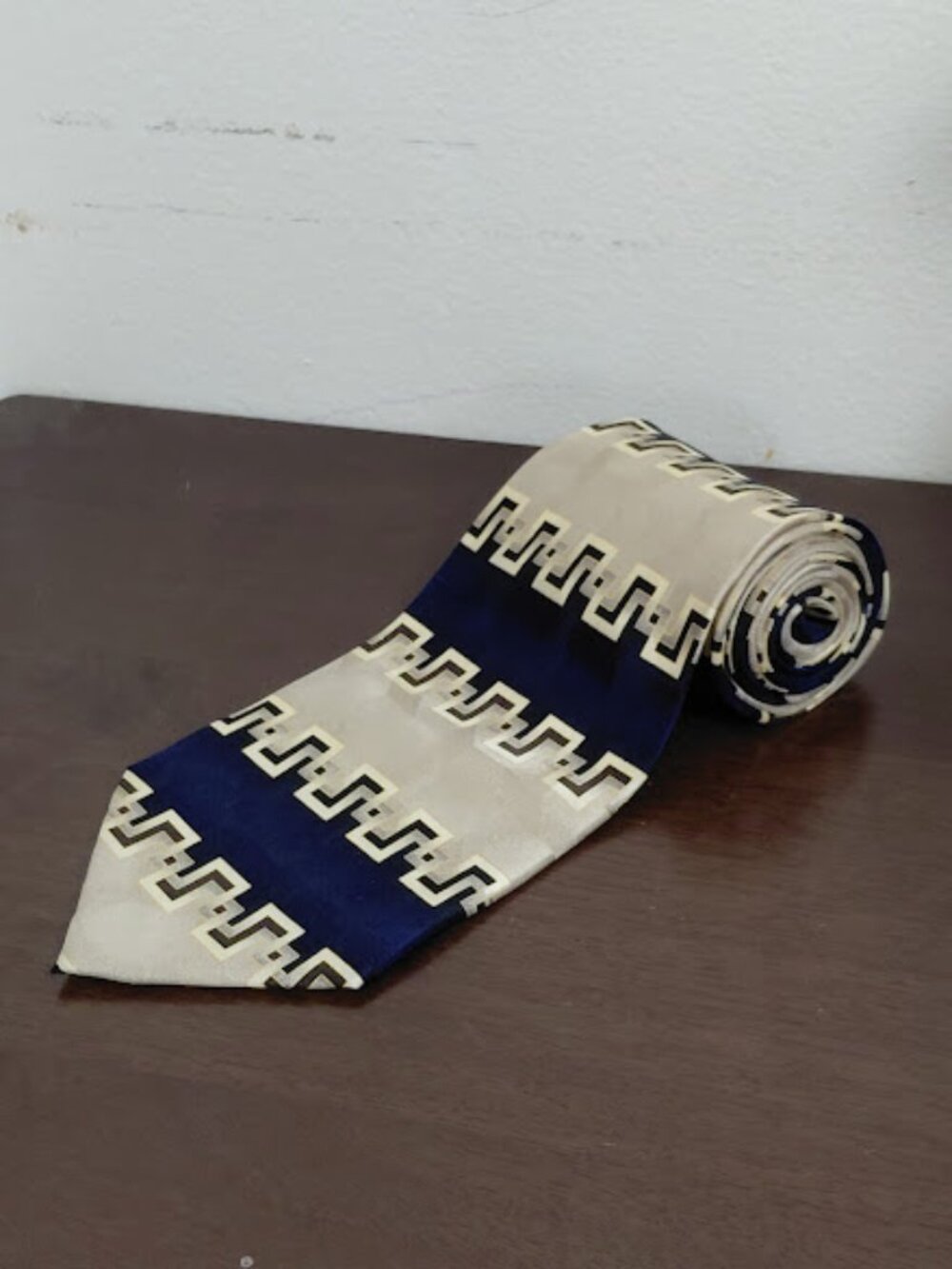 Vintage Mosaic Greek Key Champagne & Royal Blue Handmade 100% Silk 59in Necktie